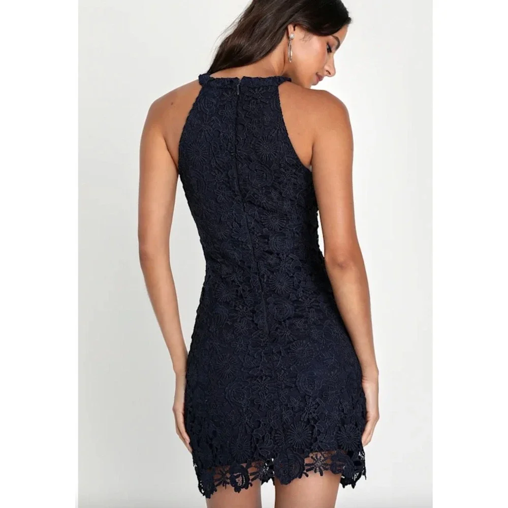 Lulus Navy Blue Crochet Lace Halter Bodycon Mini Dress Size Small  Love Poem - Picture 3 of 8